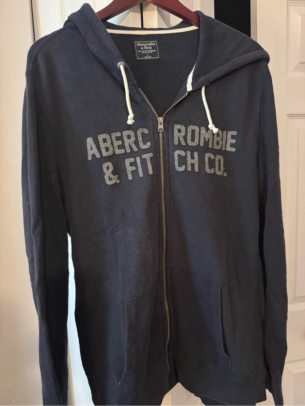 Abercrombie & Fitch Dark Navy Full-Zip Hoodie with White Drawstrings